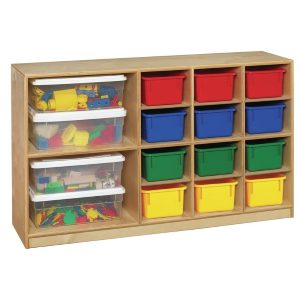 Toy Storage Ideas - storage unit with color bins
