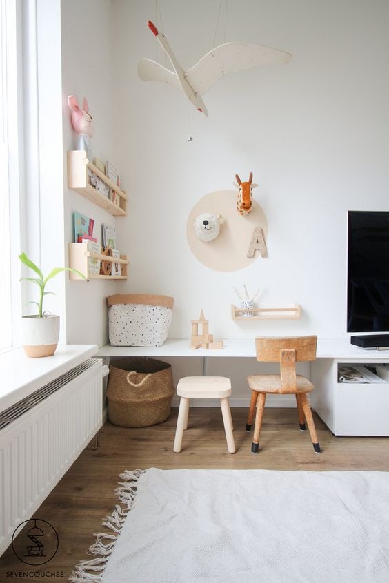 kids furniture - play space in the living room - desk by the tv